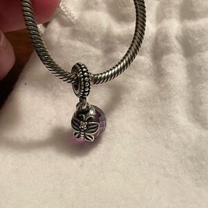 Pandora bead, purple dangle with butterfly and CZ stone.